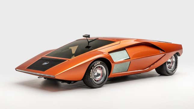 Front 3/4 view of the orange Lancia Stratos Zero concept