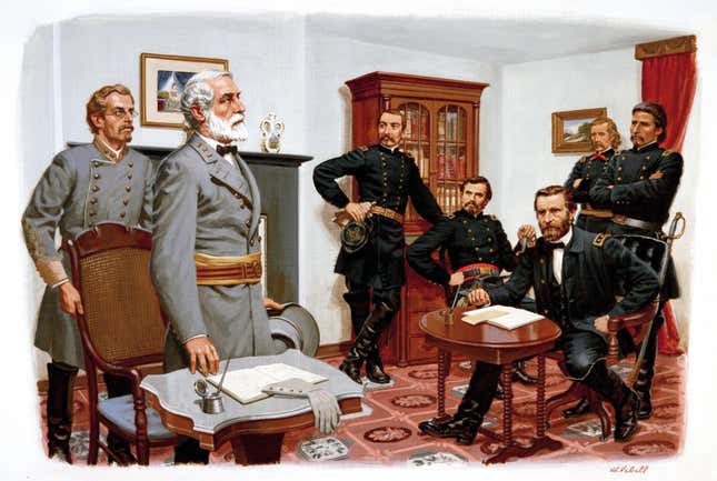 APPOMATTOX, VA - APRIL 9: A painting depicting General Robert E. Lee surrendering his Army of Northern Virginia to Union Army General Ulysses S. Grant in the parlour of the house owned by Wilmer McLean on April 9, 1865 in Appomattox, Virginia. 