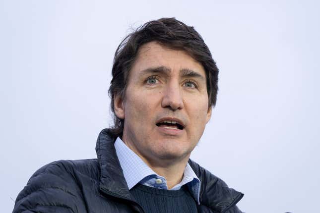 Canada Prime Minister Justin Trudeau speaks during a news conference on housing in Vancouver, Canada, Tuesday, Feb. 20, 2024. (Ethan Cairns/The Canadian Press via AP)