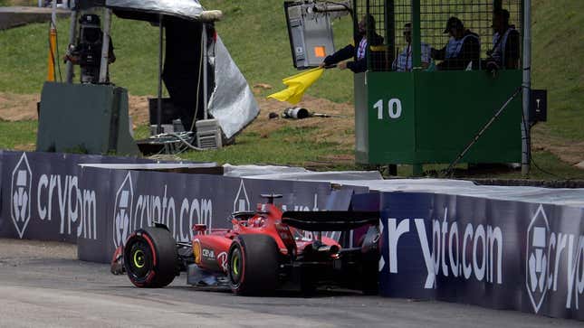 Ferrari's Monegasque driver Charles Leclerc ends up in the barriers after crashing at the start of the Formula One Brazil Grand Prix at the Autodromo Jose Carlos Pace racetrack, also known as Interlagos, in Sao Paulo, Brazil, on November 5, 2023.
