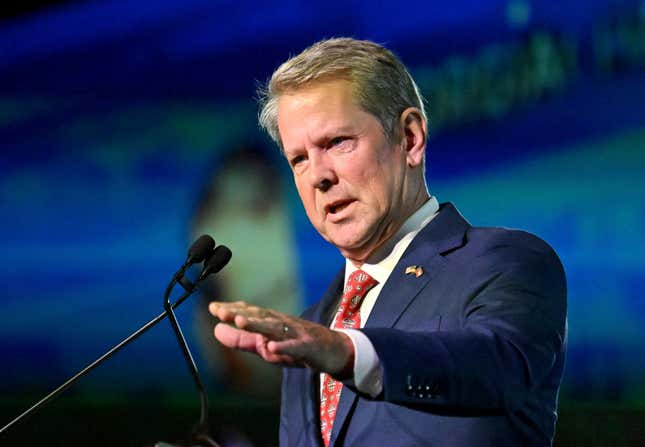 Georgia Gov. Brian Kemp speaks during Georgia Chamber Congressional Luncheon at The Classic Center, Tuesday, Aug. 8, 2023, in Athens, Ga. Figures show a health plan for low-income adults backed by the Republican Kemp enrolled only 1,343 people through its first three months.(Hyosub Shin/Atlanta Journal-Constitution via AP, File)