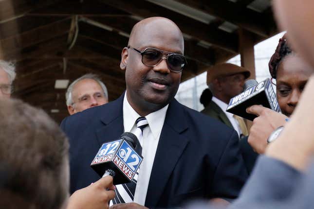 FILE - In this Dec. 16, 2019 file photo, Curtis Flowers speaks with reporters as he exits the Winston-Choctaw Regional Correctional Facility in Louisville, Miss. Flowers freed after nearly 23 years in prison is suing the district attorney who prosecuted him six times in the killings of four people at furniture store. Attorneys for Flowers filed the lawsuit Friday, Sept. 3, 2021, seeking an unspecified amount of compensation.