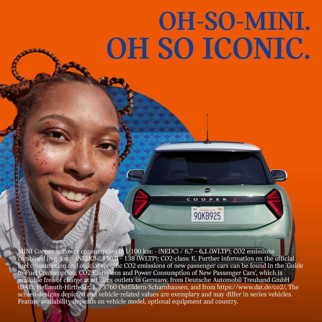 One of Mini's new ads showing the back of a light green Mini Cooper and a model with sculptured hair