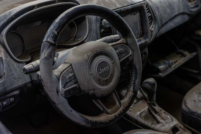 A photo of a flood damaged Jeep interior 