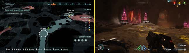 An image shows a specific location on a map on the left and a screenshot of the game on the right.