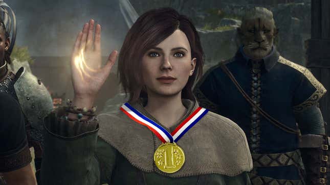 A Dragon's Dogma 2 Pawn raises their glowing right hand with a gold medal around their neck as two other characters flank them on either side