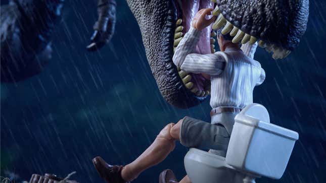 An action figure sitting on a toilet gets its head bitten by a giant T.Rex during a storm.
