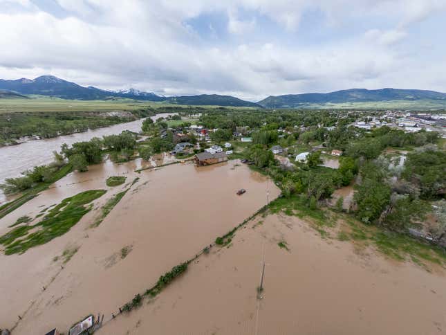 In this aerial view, flooding is seen on June 14, 2022 in Livingston,  Montana. The Yellowstone River hit a historic high flow from rain  and snow melt from the mountains in and around Yellowstone National  Park. 