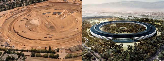 Aerial construction photo and rendering of Apple&#039;s new campus