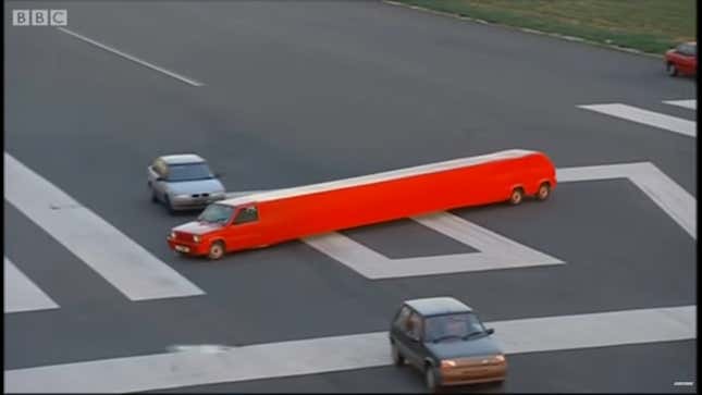 A screenshot of a stretched Fiat Panda limo from Top Gear. 