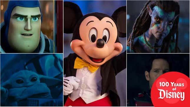 Lightyear (Pixar), Mickey Mouse (Kent Phillips/Walt Disney World Resort via Getty Images), Avatar: The Way Of Water (20th Century Studios), The Mandalorian (Lucasfilm), Ant-Man And The Wasp: Quantumania (Marvel Studios)