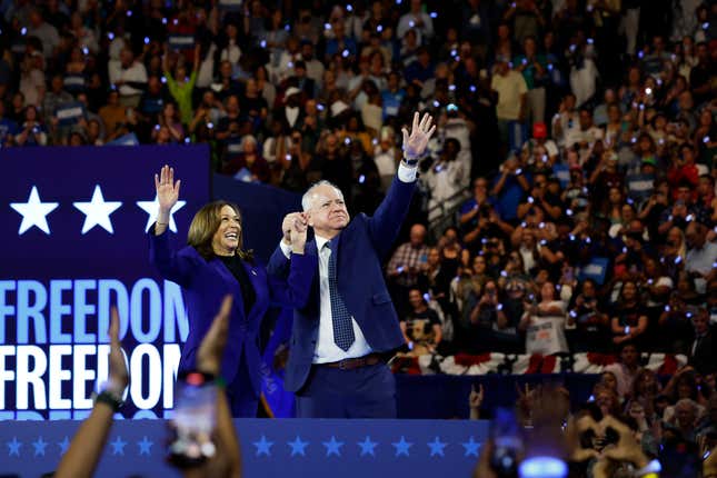 Vice President and Democratic presidential candidate Kamala Harris and Democratic vice presidential candidate Tim Walz, Governor of Minnesota, on August 20 at a rally in Milwaukee, Wis.