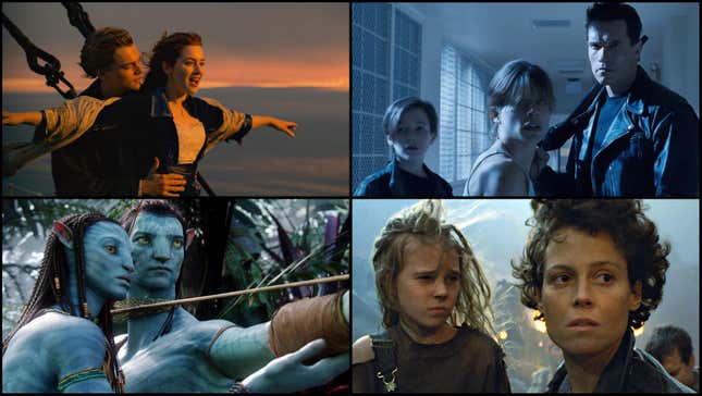 Clockwise from bottom left: Avatar (Screenshot: 20th Century Studios); Titanic (Screenshot: 20th Century Studios); Terminator 2 (Screenshot: TriStar Pictures); Aliens (Screenshot: 20th Century Studios)