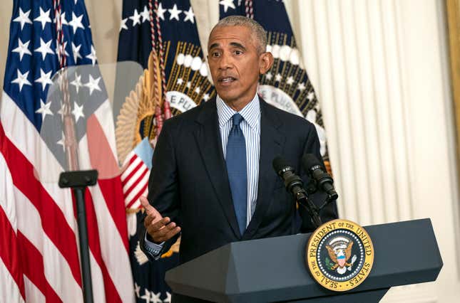 Former U.S. President Barack Obama delivers remarks at a ceremony to unveil the Obama’s official White House portraits at the White House on September 7, 2022 in Washington, DC. 