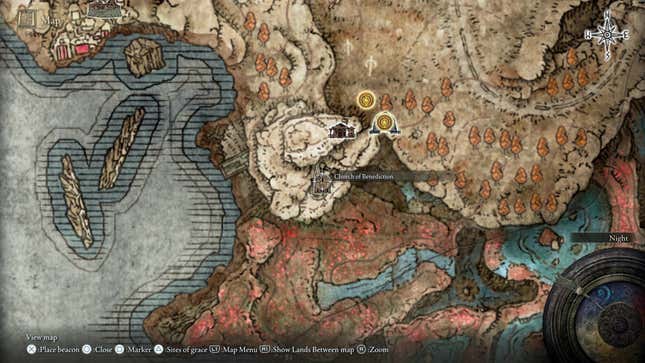 A screesnhot of a map in Elden Ring shows the location of a church.