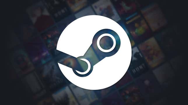 The Steam logo on a blurry background of game covers.