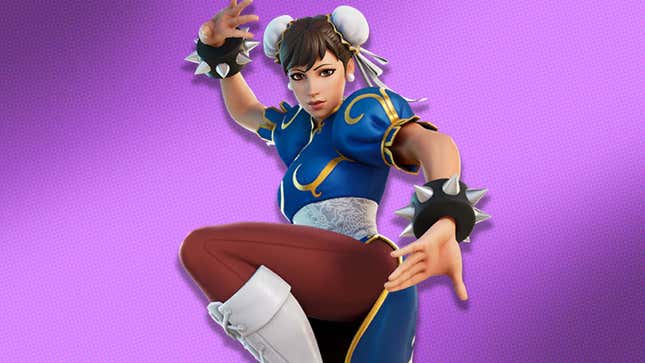 An image shows Chun-Li from Fortnite in front of a purple background. 