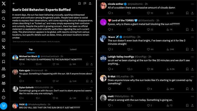 Image for article titled Elon Musk's Grok Creates Bizarre Fake News About the Solar Eclipse Thanks to Jokes on X