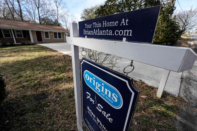 FILE - A sign announcing a home for sale is shown on Feb. 1, 2024, in Kennesaw, Ga., near Atlanta. On Thursday, April 18, 2024, Freddie Mac reports on this week&#39;s average U.S. mortgage rates. (AP Photo/Mike Stewart, File)