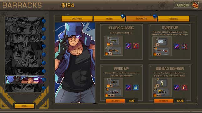 A screenshot shows loadout options for a Metal Slug Tactics character.