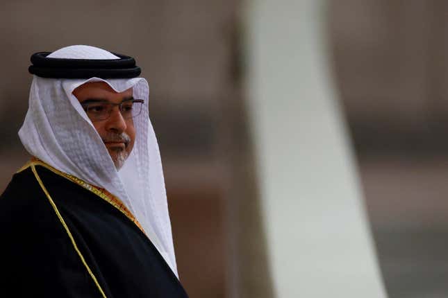 FILE - Bahrain&#39;s Crown Prince and Prime Minister Salman bin Hamad Al Khalifa pays his respects to the coffin of Britain&#39;s Queen Elizabeth, following her death, during her lying-in-state at Westminster Hall, in London, Sunday Sept. 18, 2022. The websites of two government ministries in Bahrain briefly became inaccessible Tuesday, Nov. 21, 2023, after a statement claimed hackers took them down over the island kingdom&#39;s stance on the ongoing Israel-Hamas war.(John Sibley/Pool via AP, File)