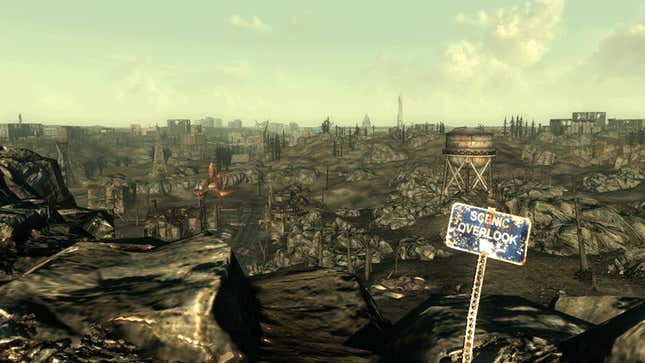 A screenshot shows the wasteland of Fallout 3. 