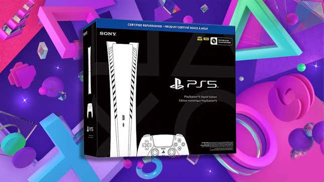 A PS5 box sits in front of a colorful PlayStation background. 