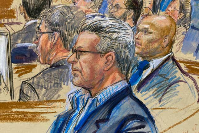 This artist sketch depicts Salah Al-Ejaili, foreground with glasses, a former Al-Jazeera journalist, before the U.S. District Court in Alexandria, Va., Tuesday, April 16, 2024. Al-Ejaili, a former detainee at the infamous Abu Ghraib prison, has described to jurors the type of abuse that is reminiscent of the scandal that erupted there 20 years ago: beatings, being stripped naked and threatened with dogs, stress positions meant to induce exhaustion and pain. (Dana Verkouteren via AP)