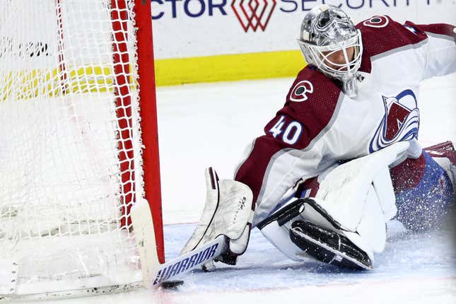 RALEIGH, NORTH CAROLINA - FEBRUARY 08: Alexandar Georgiev #40 of the Colorado Avalanche makes a save during the second period of the game against the Carolina Hurricanes at PNC Arena on February 08, 2024 in Raleigh, North Carolina. (Photo by Jared C. Tilton/Getty Images)