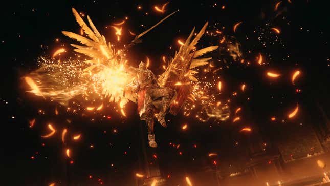 The Tarnished wields a weapon while flying upwards with big, golden wings. 