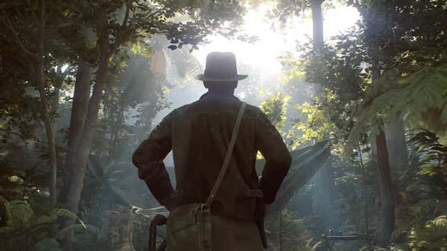 Indiana Jones facing away from camera in jungle setting, Indian Jones and the Great Circle