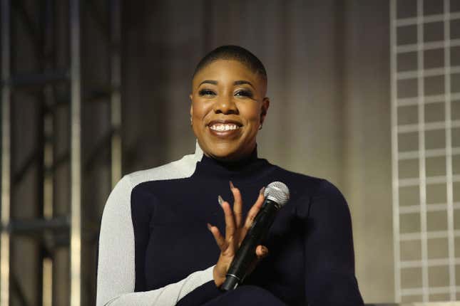 MASPETH, NY - NOVEMBER 18: Symone Sanders speaks onstage at Girlboss Rally NYC 2018 at Knockdown Center on November 18, 2018 in Maspeth, New York. (Photo by JP Yim/Getty Images for Girlboss Rally NYC 2018)