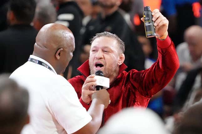 Jun 9, 2023; Miami, Florida, USA; MMA fighter Conor McGregor during halftime in game four of the 2023 NBA Finals between the Miami Heat and Denver Nuggets at Kaseya Center.