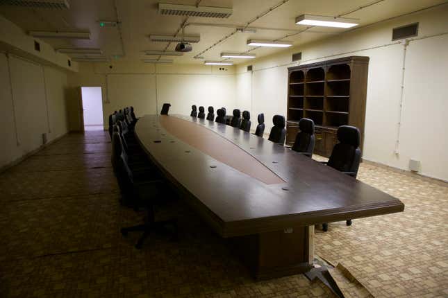 An empty conference room inside the Presidential Palace in Damascus, Syria