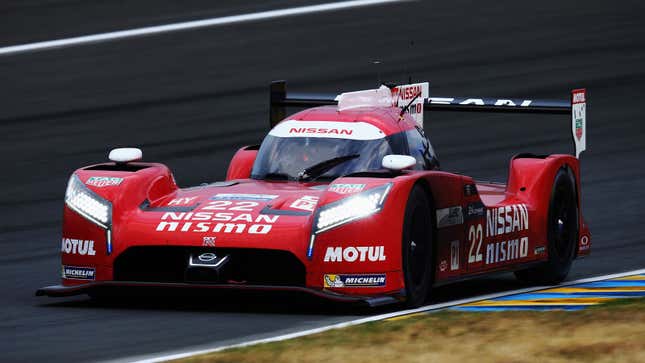 A photo of the red Nissan Le Mans racer in 2014. 