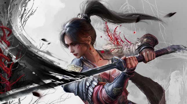 A woman swings a sword.