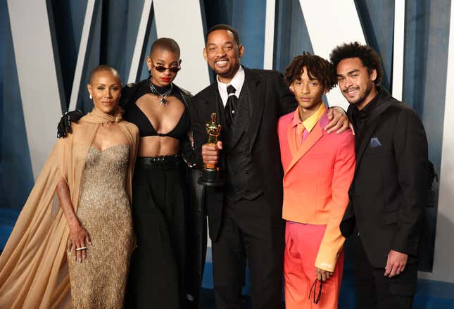 Jada Pinkett Smith, left, daughter Willow Smith, Will Smith, sons Jaden Smith and Trey Smith attend the 2022 Vanity Fair Oscar Party on March 27, 2022 in Beverly Hills, California.