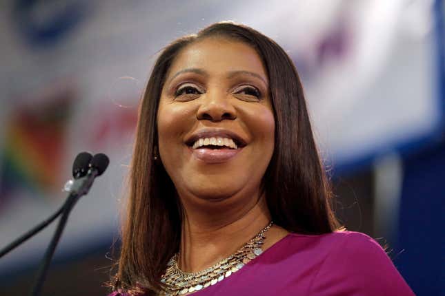 In this Sunday, Jan. 6, 2019, file photo, New York Attorney Letitia James smiles during an inauguration ceremony in New York. Newly inaugurated state attorneys general, like James, said they plan to continue investigations of clergy abuse in the Roman Catholic church as victims reach out to state hotlines and online systems to report past abuse.