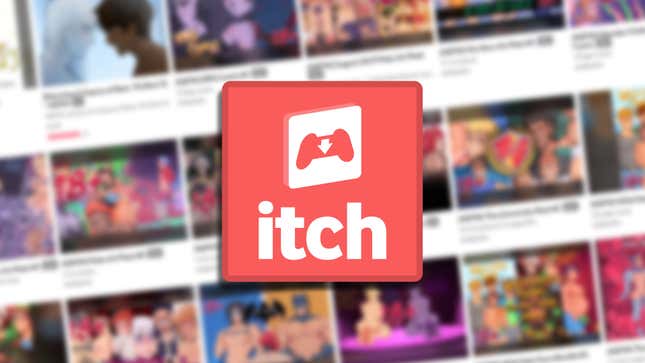 The Itch logo over a blurred background of adult games.