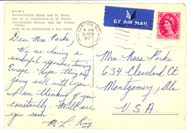 A postcard from Martin Luther King, Jr. in Europe to Parks. 1957.