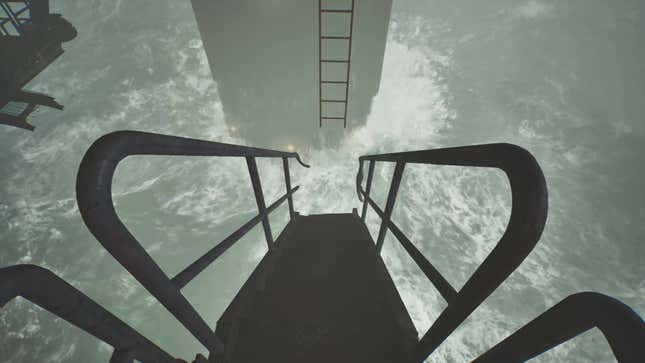 The player looks down at the ocean from a broken bridge.