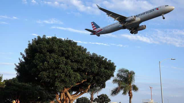 A child views an American Airlines plane landing from a park next to Los Angeles International Airport (LAX) on August 31, 2023 in Los Angeles, California
