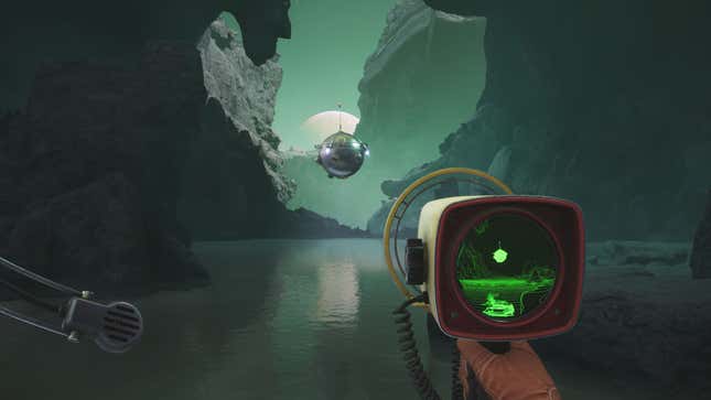 A scanner is held up in front of a floating drone, hovering between cliffs and above shallow water.