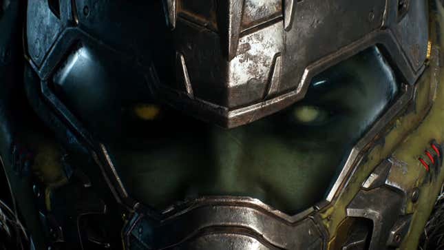 The Doom Slayer looks at the camera.