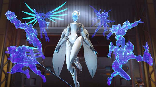 Echo floats in the air while holograms of Overwatch heroes float alongside her.