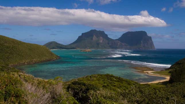 A view of Mount Lidgbird and Mount Gower on Lord Howe Island. 