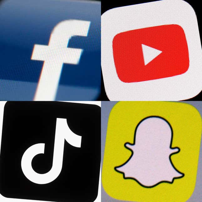 FILE - This combination of 2017-2022 photos shows the logos of Facebook, YouTube, TikTok and Snapchat on mobile devices. Teen usage of social media hasn’t dropped much despite rising concerns about its effects on the mental health of adolescents. That&#39;s according to a new survey from the Pew Research Institute. But the data also found that roughly one in six teens describe their use of two platforms — YouTube and TikTok — as “almost constant.” Seventy-one percent of teens said they visit YouTube at least daily; 16% described their usage as “almost constant” according to the survey. A slightly larger group — 17% — said they used TikTok almost constantly. (AP Photo, File)