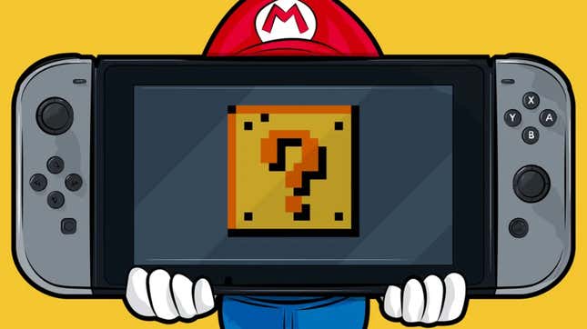 Mario holds up a Switch with a question block on it. 