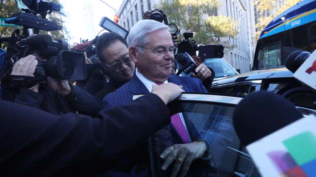 Senator Bob Menendez departs a New York City court after pleading not guilty to new charges on October 23, 2023 in New York City.