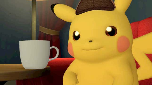 Pikachu sits next to a cup of coffee.